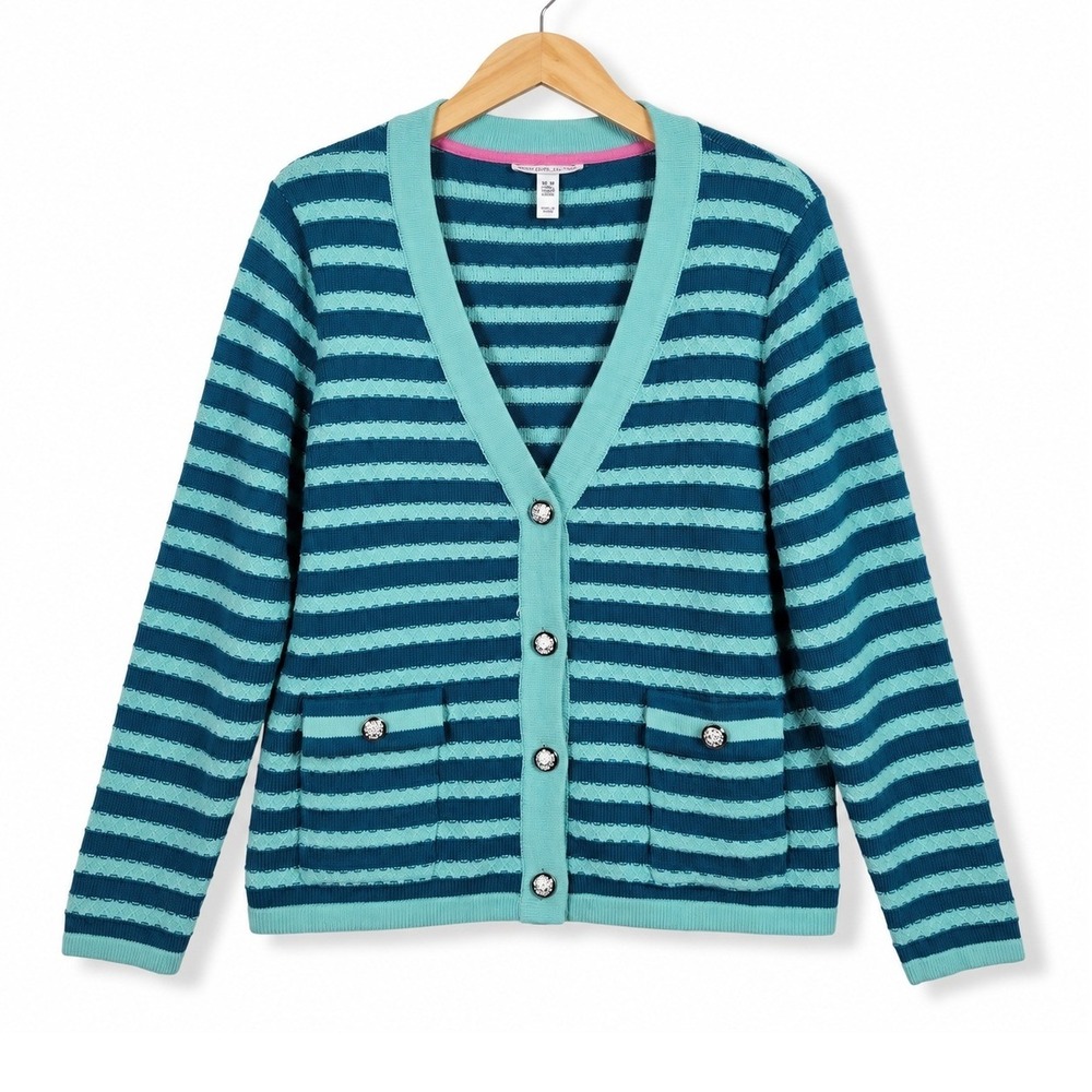 Isaac Mizrahi Medium Ocean Aqua Striped Button Front Sweater Cardigan A676084